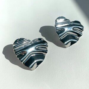 NEW~ Anthropologie Wrinkled Silver Heart Stud Earrings